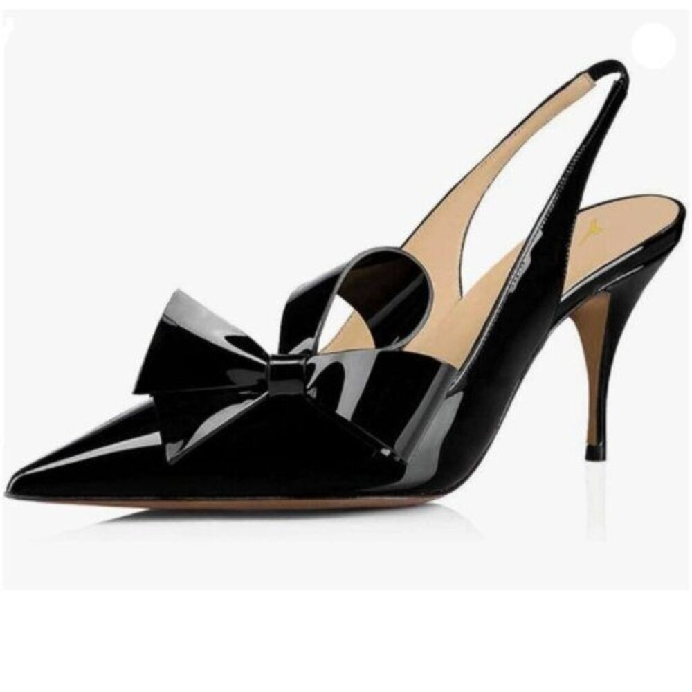 YDN Women Stiletto Mid Heel Pumps Bow Pointed Toe Slingback Slip on Sandals